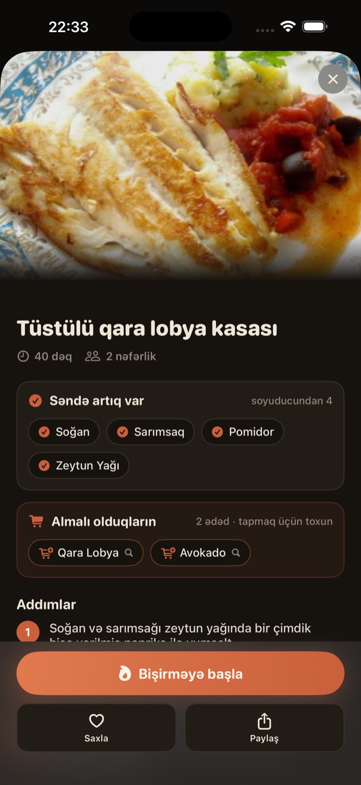 Dishoro resepti: Smoky Black Bean Bowl — artıq səndə olan dörd ərzaq, almalı olduğun ikisi və 'Bişirməyə başla' düyməsi.