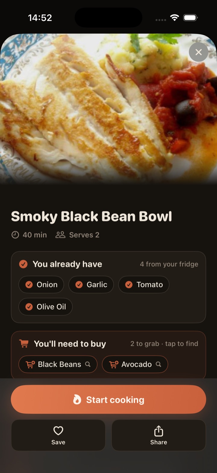A Dishoro recipe: Smoky Black Bean Bowl, showing four ingredients you already have and two you'd need to buy, with a Start cooking button.