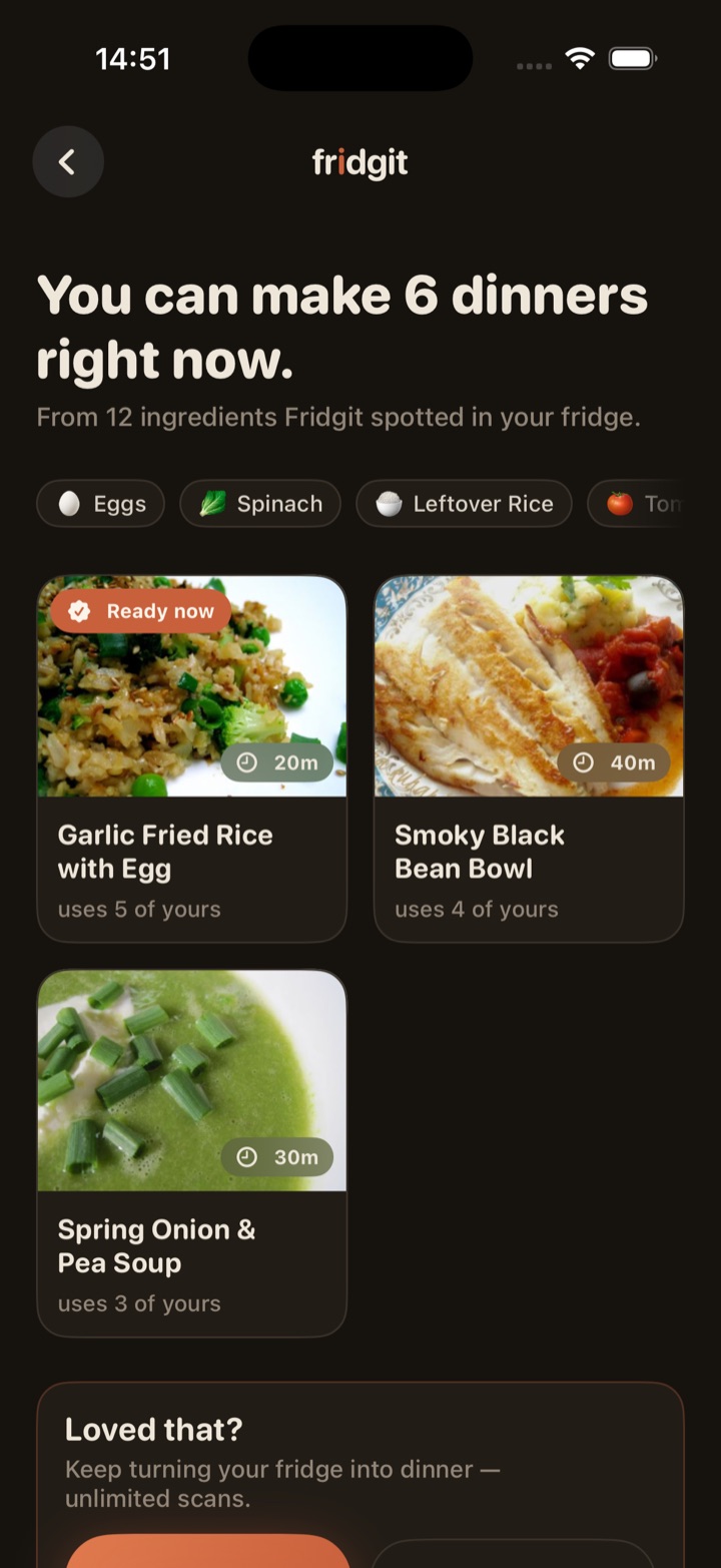 The results screen: six real dishes with photos, cook times, and how many of your ingredients each uses.