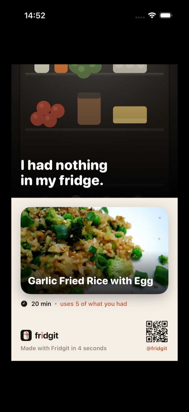 Dishoro's share card: a darkened photo of an almost-empty fridge with the caption 'I had nothing in my fridge', above the finished dish.